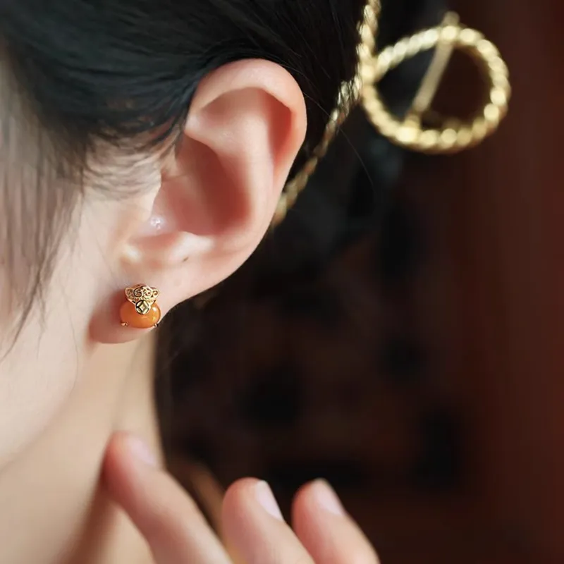 Xiaoyinjiang Beeswax Jade Stud Earring Ear Ornament Women's-2