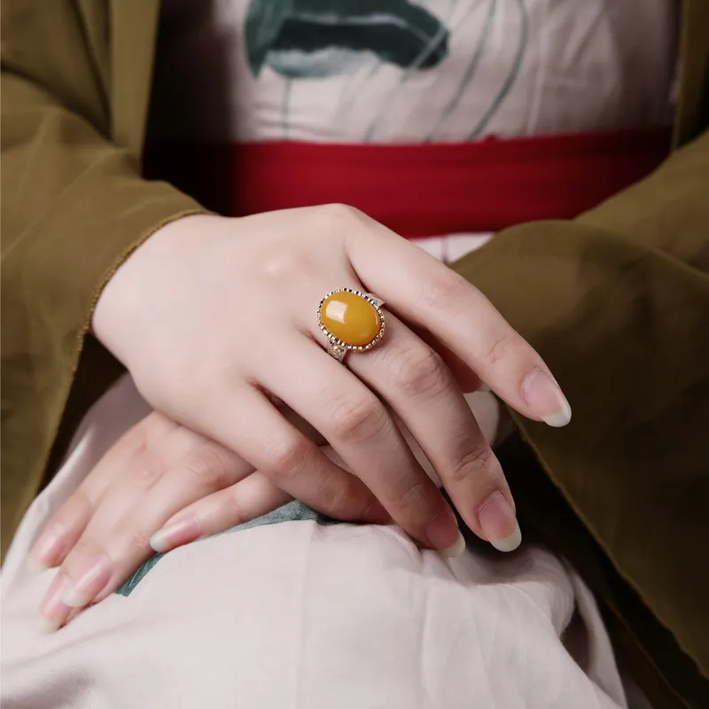 Xiaoyinjiang 990 Silver Sterling Silver Beeswax Jade Rings Women's-2