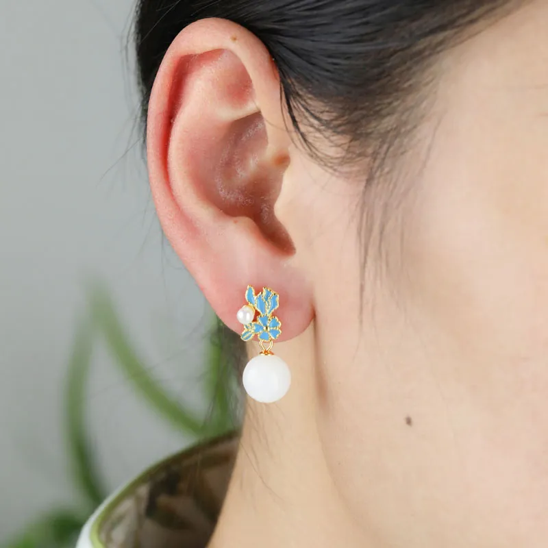 Xiaoyinjiang Hetian Jade Earrings Pale Greenish White Jade Women's-1