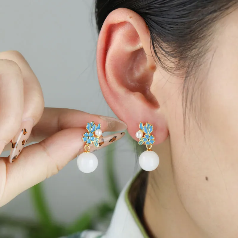 Xiaoyinjiang Hetian Jade Earrings Pale Greenish White Jade Women's-2