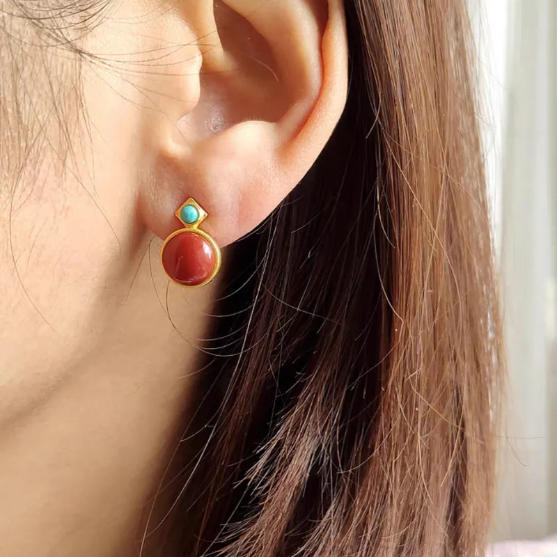 Xiaoyinjiang Agate Jade Stud Earring Ear Ornament Women's-3