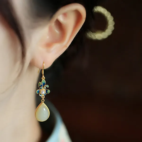 Xiaoyinjiang 925 Sterling Silver Hetian Jade Earrings Women's Pale Greenish White Jade-1