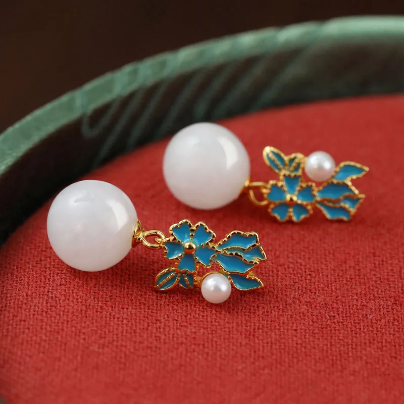 Xiaoyinjiang Hetian Jade Earrings Pale Greenish White Jade Women's-5