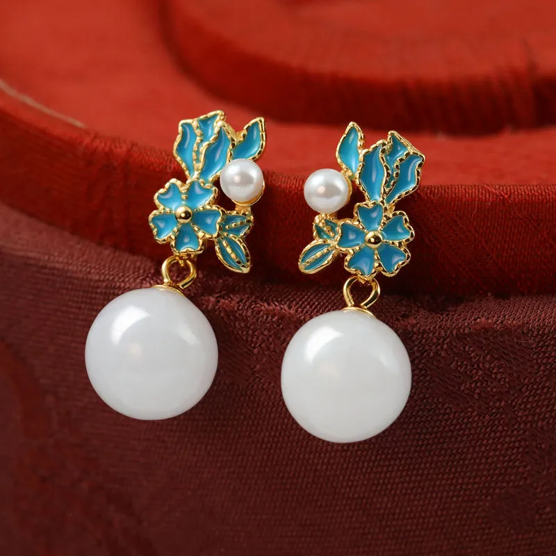 Xiaoyinjiang Hetian Jade Earrings Pale Greenish White Jade Women's-3