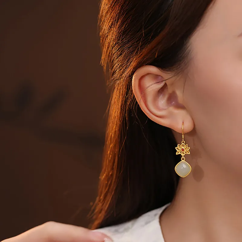 Xiaoyinjiang 925 Sterling Silver Hetian Jade Earrings Women's Pale Greenish White Jade-2