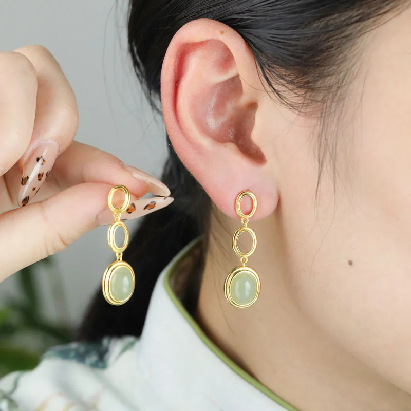 Xiaoyinjiang Hetian Jade Earrings Pale Greenish White Jade Women's-4