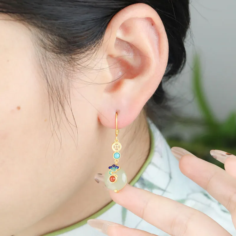 Xiaoyinjiang Hetian Jade Earrings Pale Greenish White Jade Women's-3