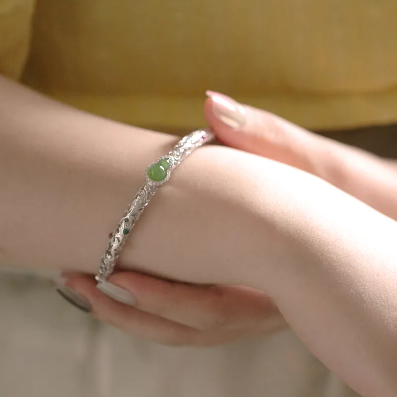 Xiaoyinjiang 925 Sterling Silver Hetian Jade Bangle Bracelet Silver Bangle Women's Jasper-4