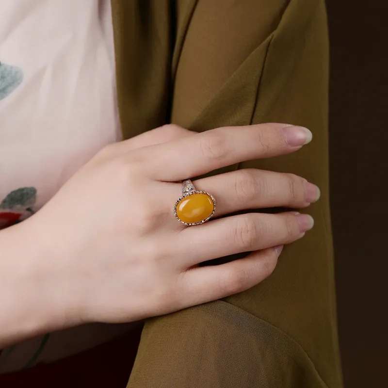 Xiaoyinjiang 990 Silver Sterling Silver Beeswax Jade Rings Women's-1
