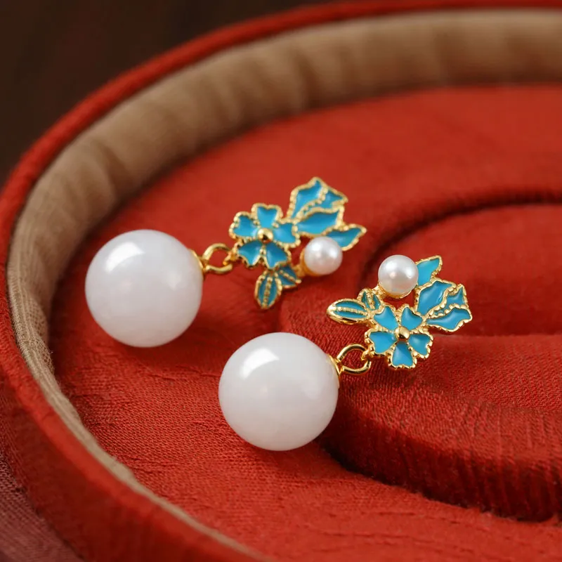 Xiaoyinjiang Hetian Jade Earrings Pale Greenish White Jade Women's-4