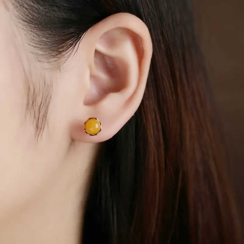Xiaoyinjiang S925 Silver Beeswax Fine Jade Stud Earrings Women's-2