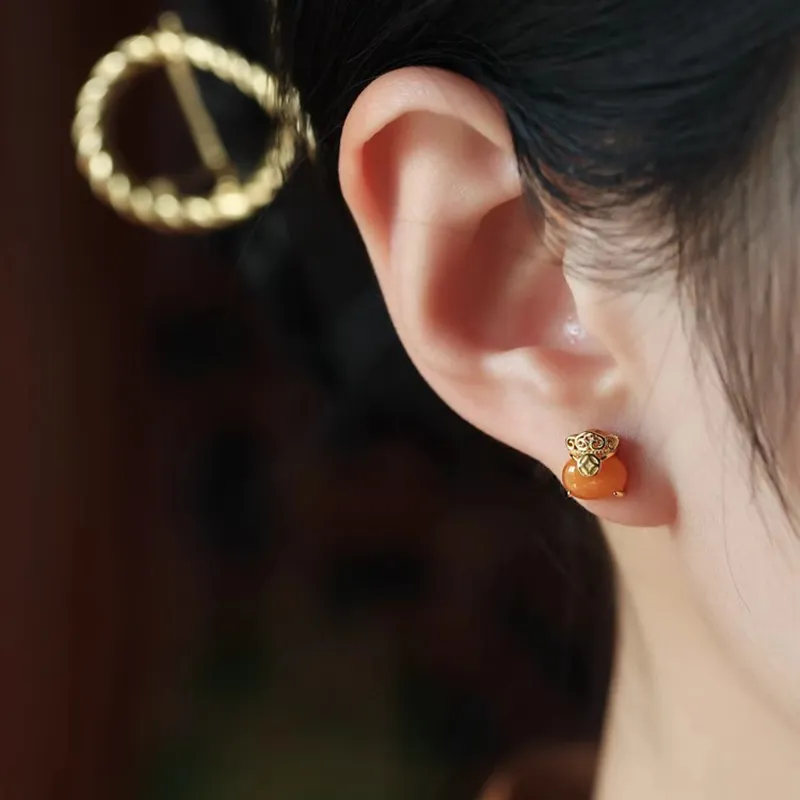 Xiaoyinjiang Beeswax Jade Stud Earring Ear Ornament Women's-1