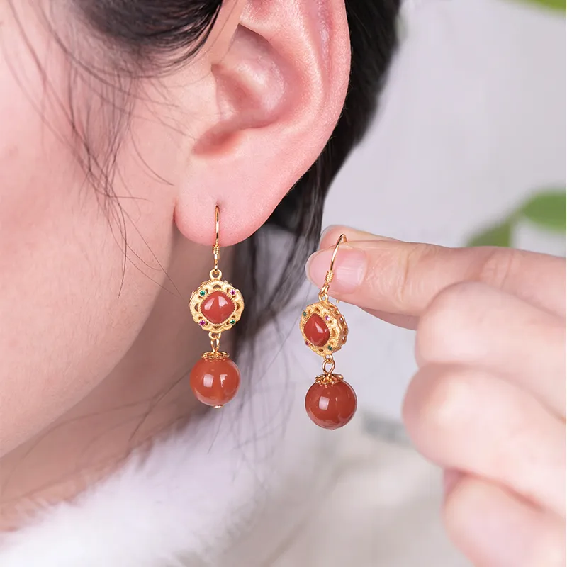 Xiaoyinjiang Agate Jade Earrings With Silver Hooks Women's-3