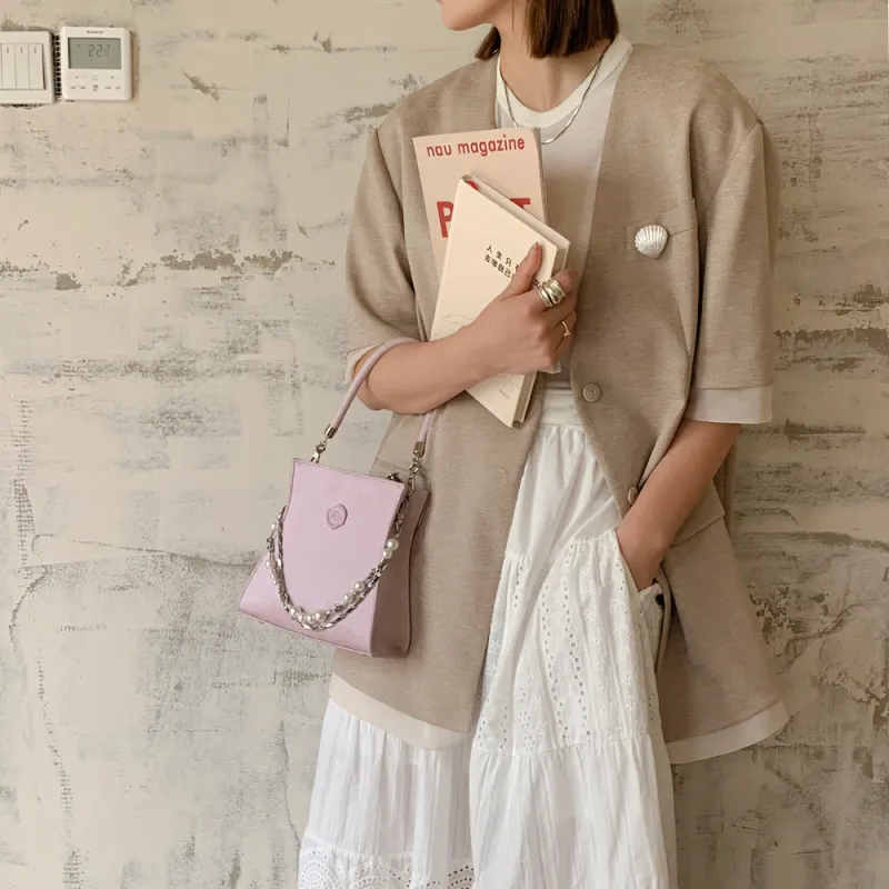 MICOCAH PU With Polyester And Cotton One Shoulder Handbag Women's Purple Gauze Pink/White Blossom Peach/Ink Black-1