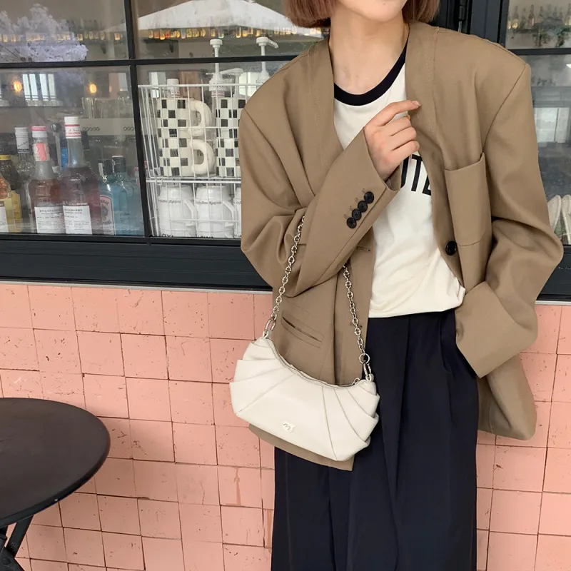 MICOCAH PU Croissant Bag, Shoulder Bag, Crossbody Bag, Handbag Women's Cream Chestnut Coffee/Boba White/Black Currant-4