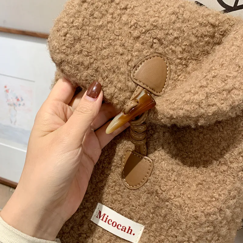 MICOCAH Woolen Faux Fur Bucket Bag, Shoulder Bag Medium Size Women's Teddy Brown-2