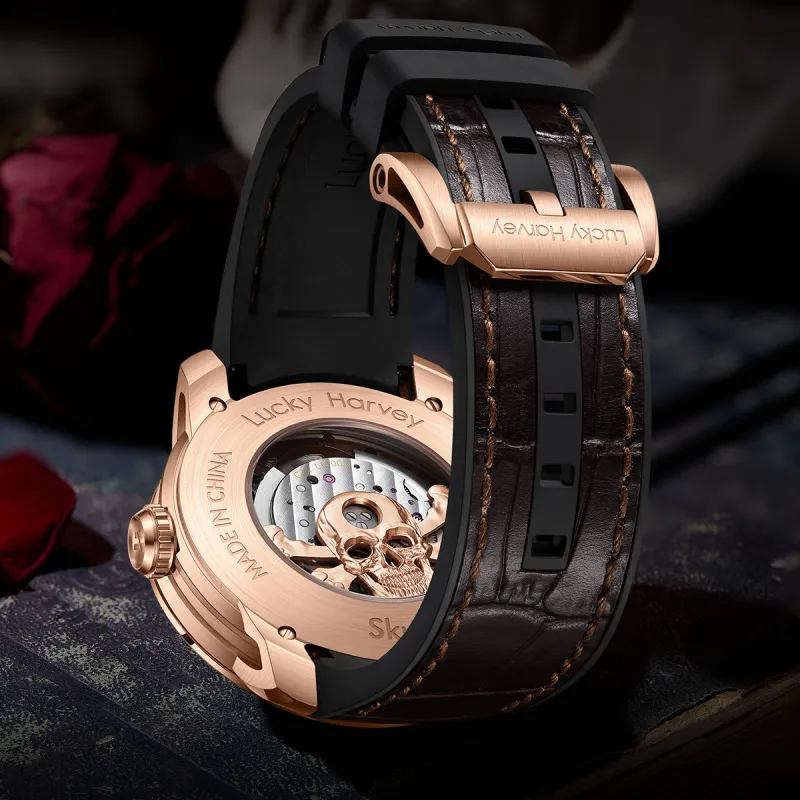 LUCKY HARVEY Craft Master Collection Skull Automatic Mechanical Movement Rubber Strap Watch Men's Watches Black Dial-4