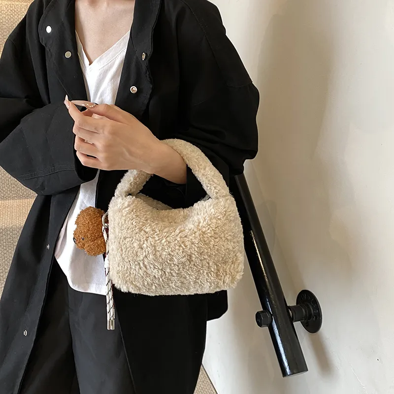 Yi Brigade PU Bonded Plush Shoulder Bag Regular Women's Khaki/Coffee-2
