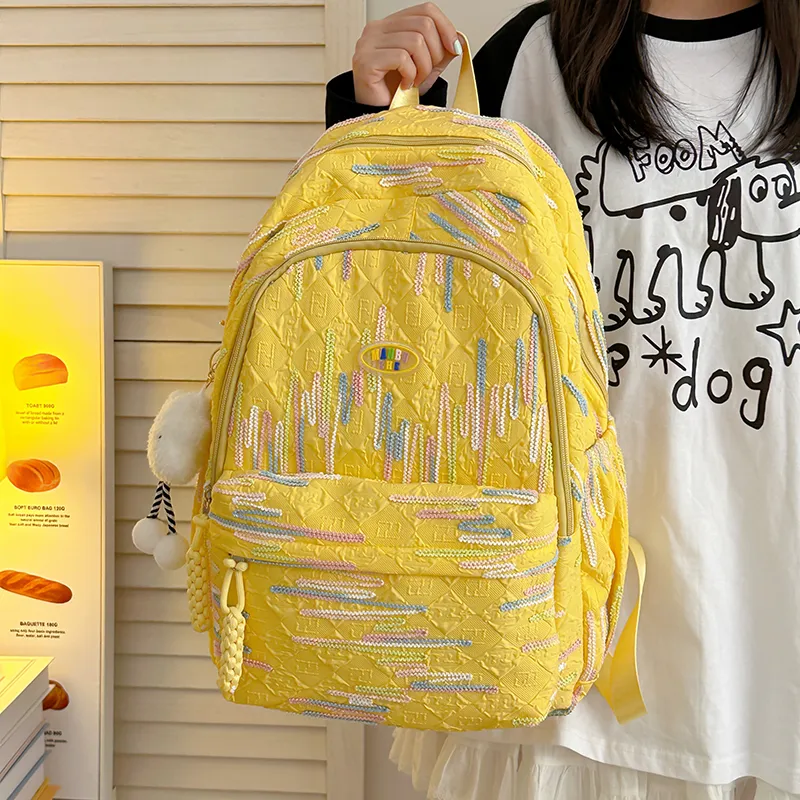 BRINCH Nylon Backpack Unisex Pink/White/Yellow/Black-11