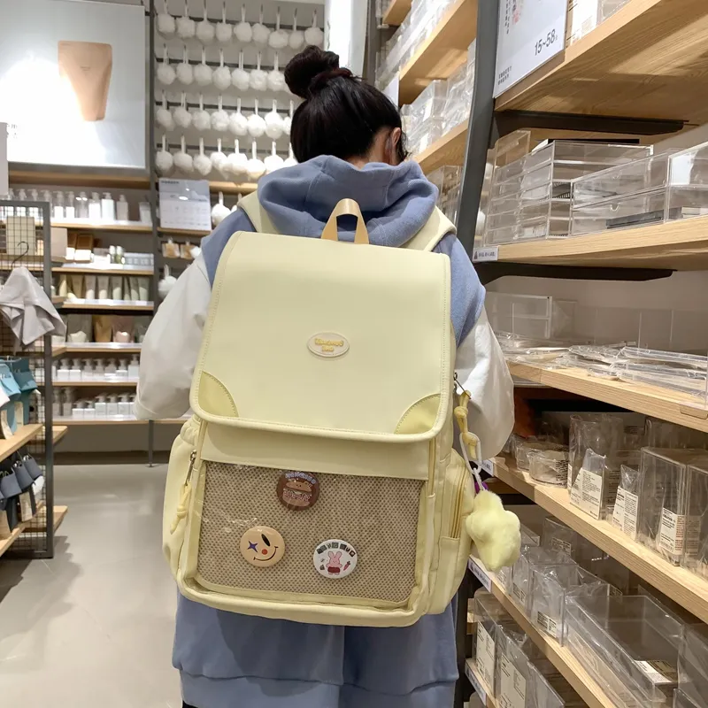 BRINCH Polyester Cotton Blend Backpack Women's Black/White/Blue/Yellow/Pink/Khaki-5