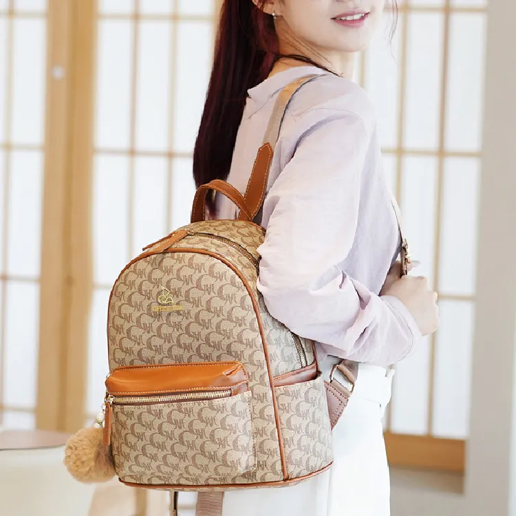 BRINCH Pvc Portable One Shoulder Backpack Women's Brown/Ecru-2