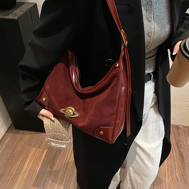 Bansusu Suede Shoulder Bag Regular Women's Coffee/Black/Burgundy-12