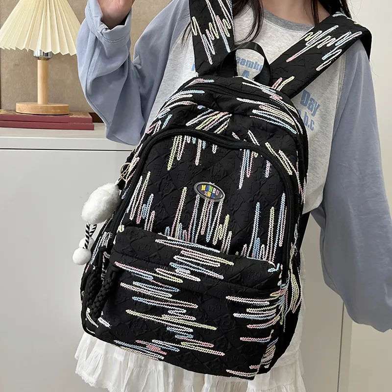 BRINCH Nylon Backpack Unisex Pink/White/Yellow/Black-18