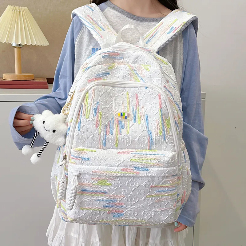 BRINCH Nylon Backpack Unisex Pink/White/Yellow/Black-7