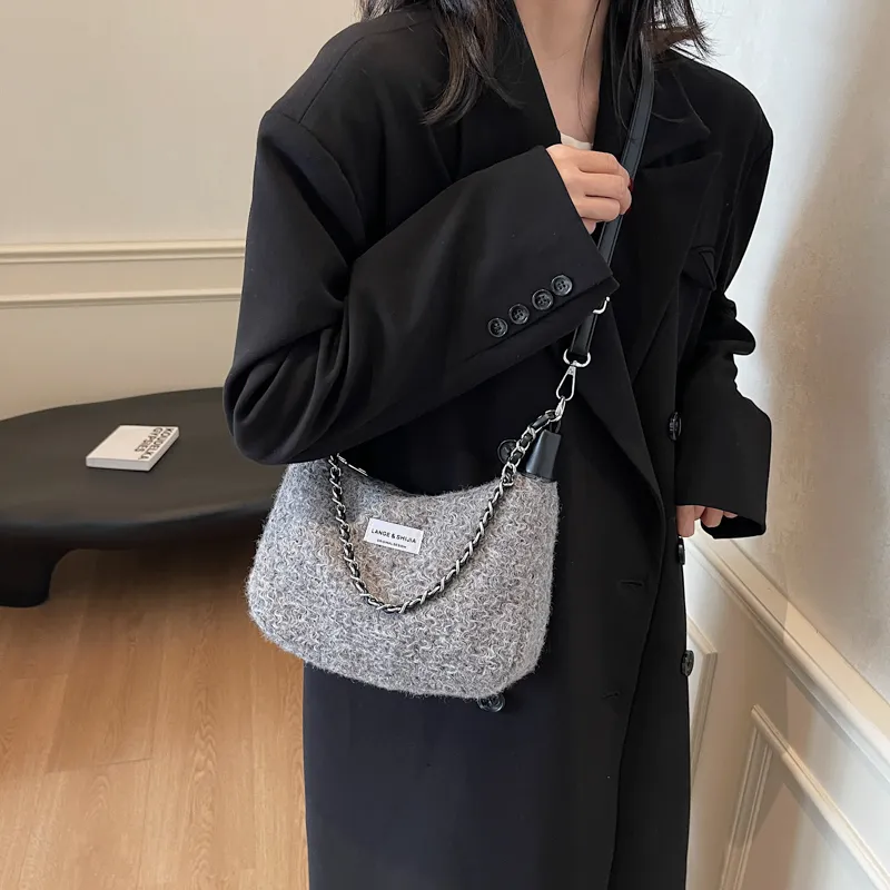 Bansusu Plush Portable Crossbody Bag, Shoulder Bag Regular Small Size Women's Black/Gray Leopard Print-25