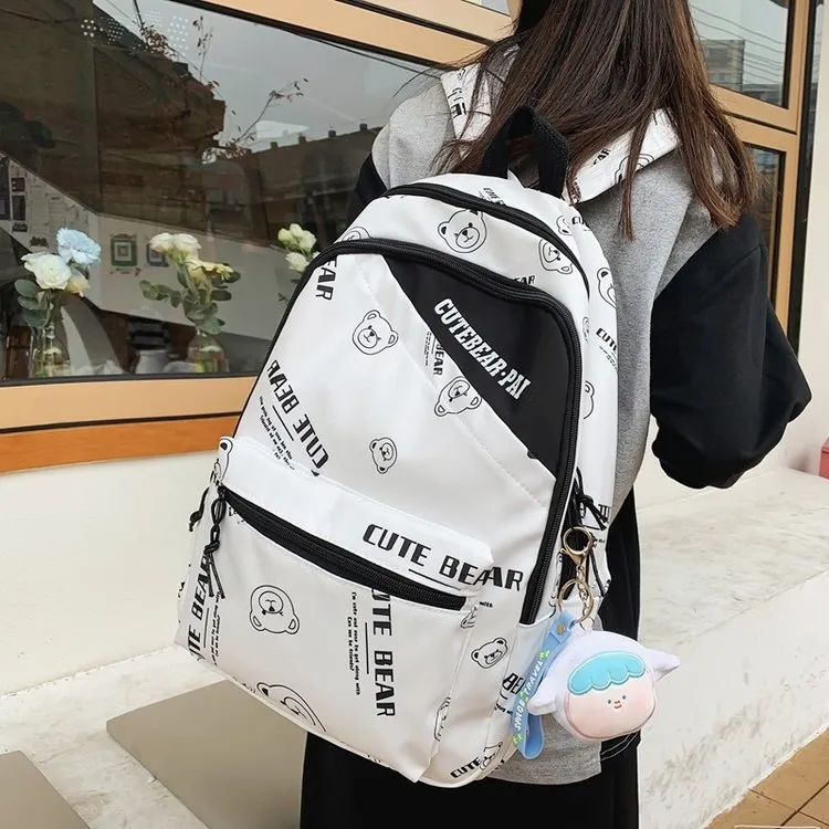 BRINCH Nylon Backpack Unisex Black/White/Orange-4