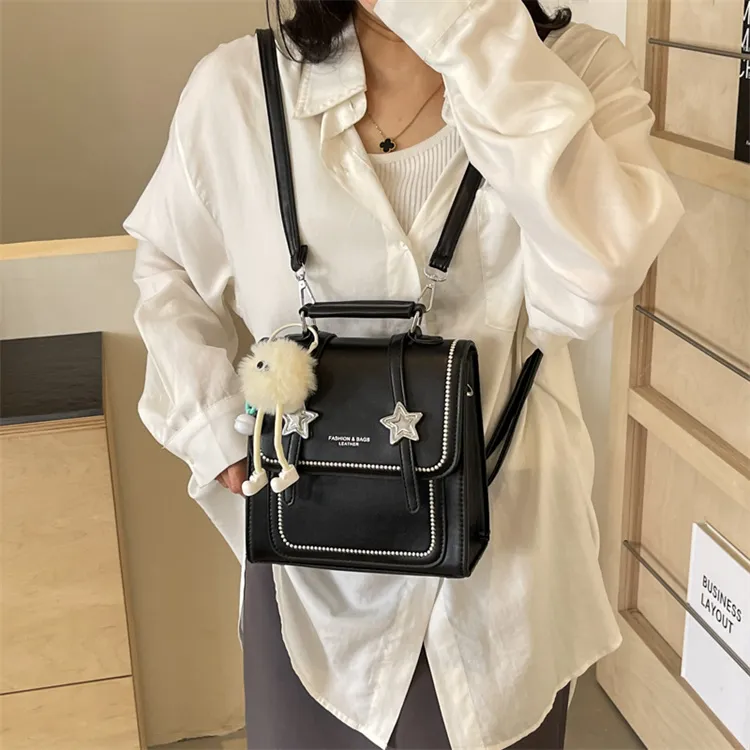 BRINCH PU Backpack Regular Women's Black/Beige/Silver/Pink-1