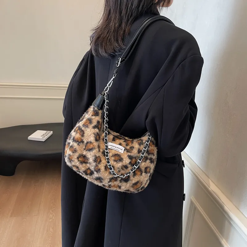 Bansusu Plush Portable Crossbody Bag, Shoulder Bag Regular Small Size Women's Black/Gray Leopard Print-16