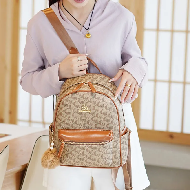 BRINCH Pvc Portable One Shoulder Backpack Women's Brown/Ecru-5