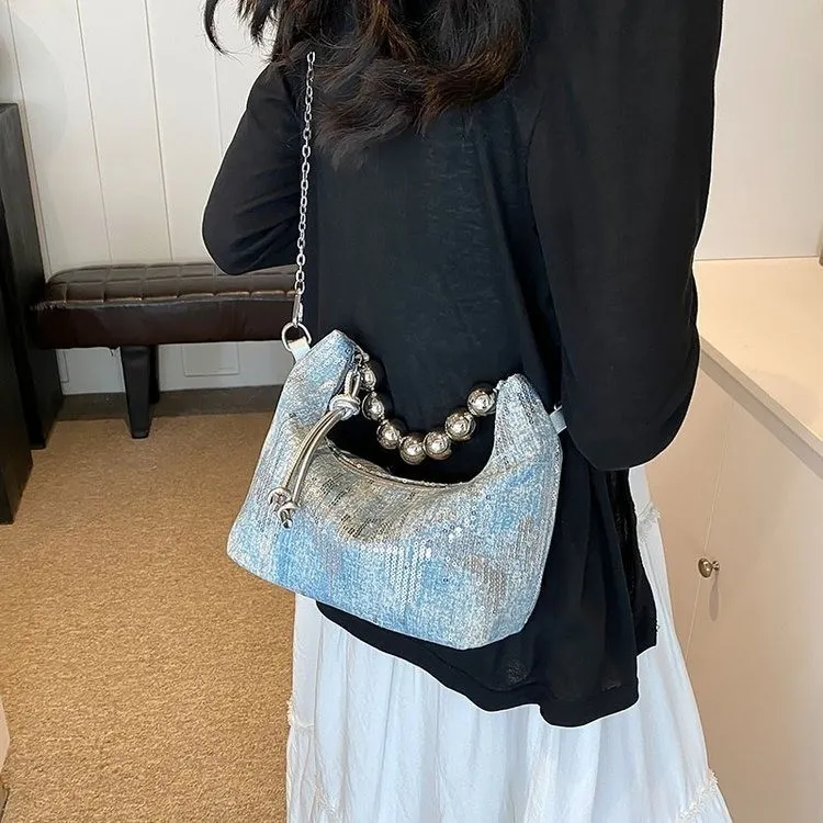 Bansusu Fabric Patch With Sequins Shoulder Bag Women's Blue-1
