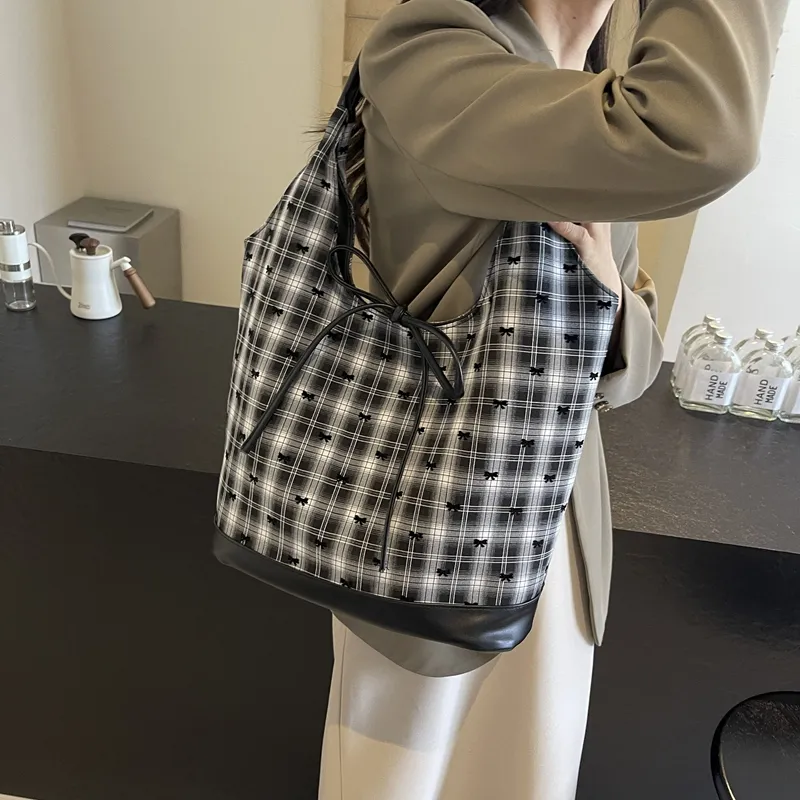 BRINCH Nylon Shoulder Bag Women's Polka Dot Bowknot/Plaid Bowknot-6