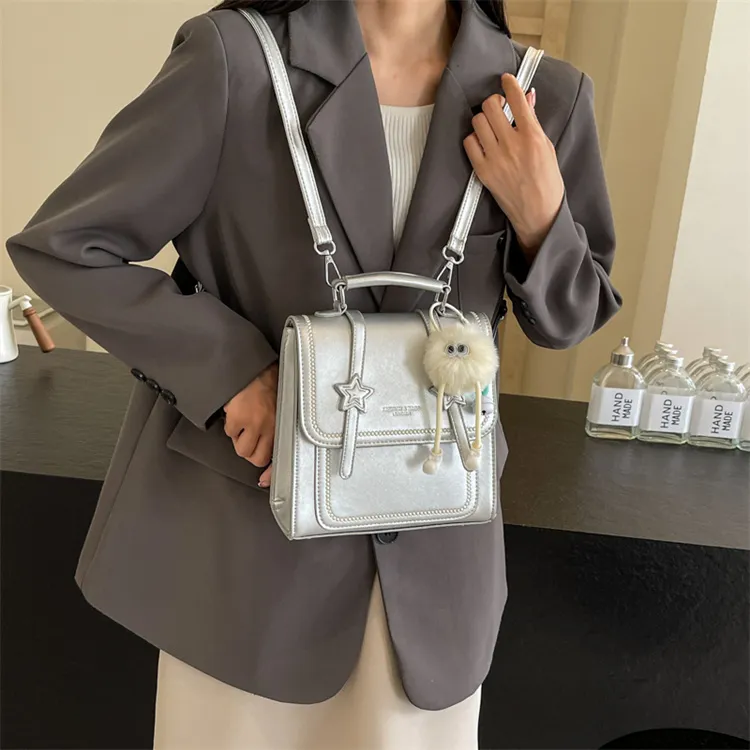 BRINCH PU Backpack Regular Women's Black/Beige/Silver/Pink-9