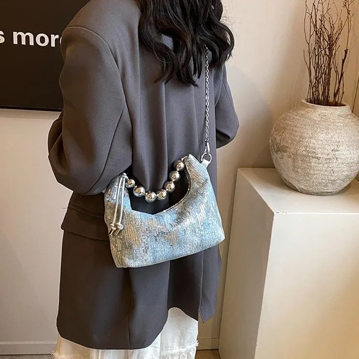 Bansusu Fabric Patch With Sequins Shoulder Bag Women's Blue-4