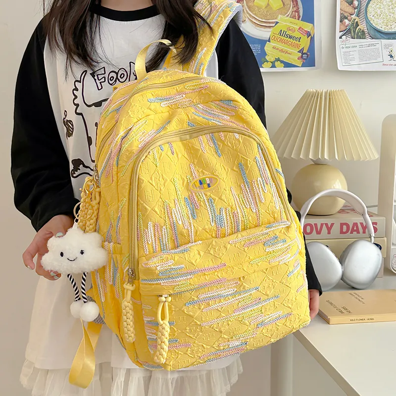 BRINCH Nylon Backpack Unisex Pink/White/Yellow/Black-14