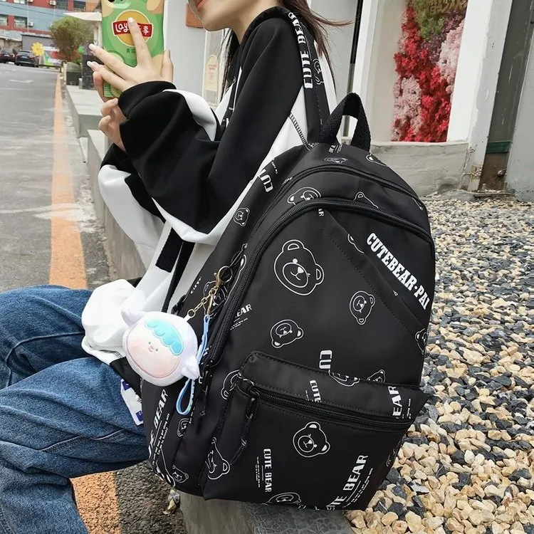 BRINCH Nylon Backpack Unisex Black/White/Orange-1