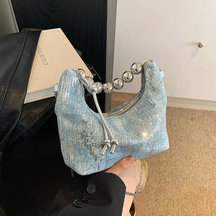 Bansusu Fabric Patch With Sequins Shoulder Bag Women's Blue-3