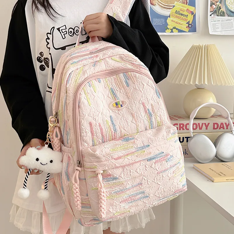 BRINCH Nylon Backpack Unisex Pink/White/Yellow/Black-4