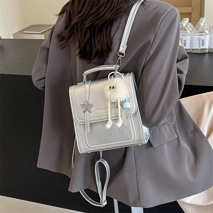BRINCH PU Backpack Regular Women's Black/Beige/Silver/Pink-10