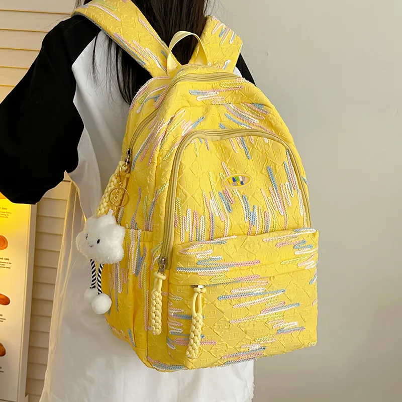 BRINCH Nylon Backpack Unisex Pink/White/Yellow/Black-13