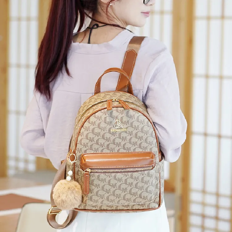 BRINCH Pvc Portable One Shoulder Backpack Women's Brown/Ecru-3