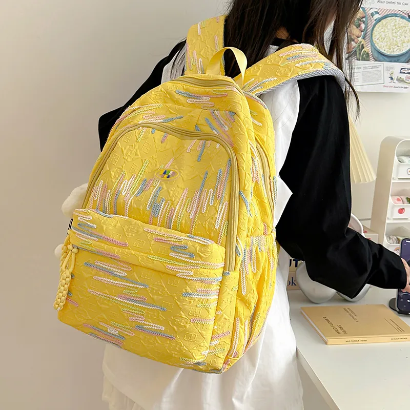 BRINCH Nylon Backpack Unisex Pink/White/Yellow/Black-12