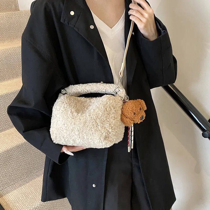 Yi Brigade PU Bonded Plush Shoulder Bag Regular Women's Khaki/Coffee-3