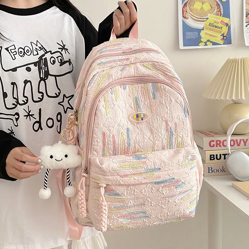BRINCH Nylon Backpack Unisex Pink/White/Yellow/Black-2