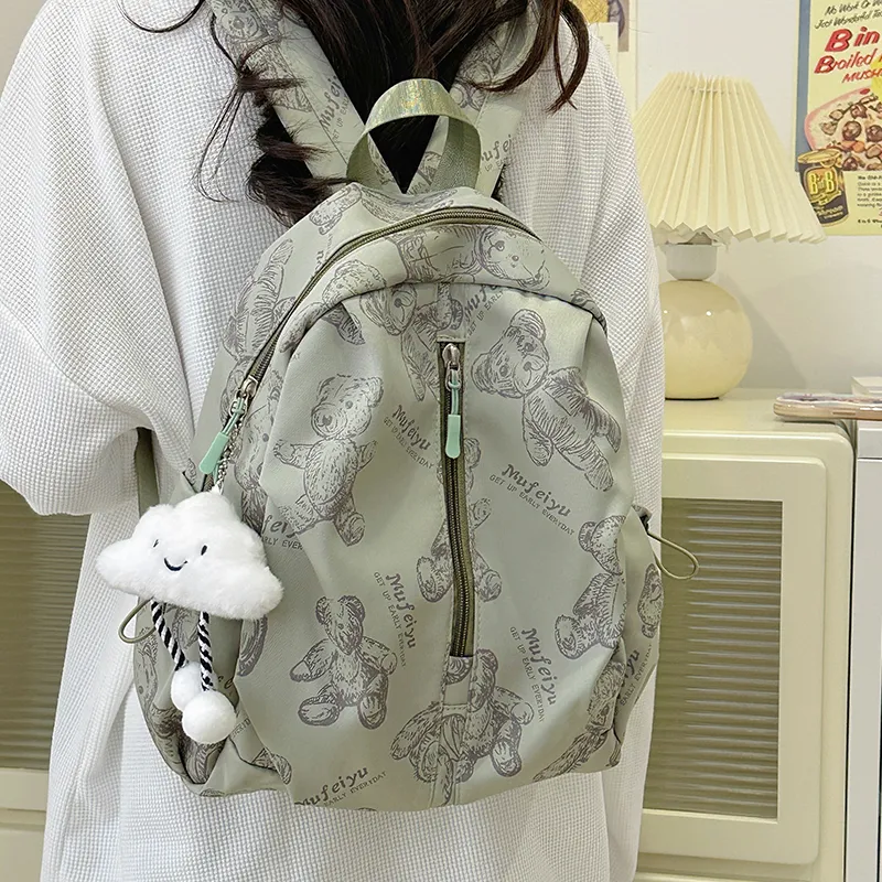 BRINCH Nylon Backpack Women's Gray/White/Green/Black-7