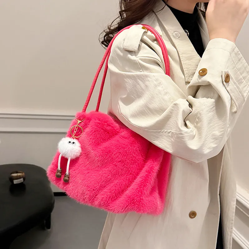 SWIMADE Fuzzy Material Shoulder Bag Regular Women's Light Pink/Fuchsia/Coffee/Black Khaki/Ecru-6
