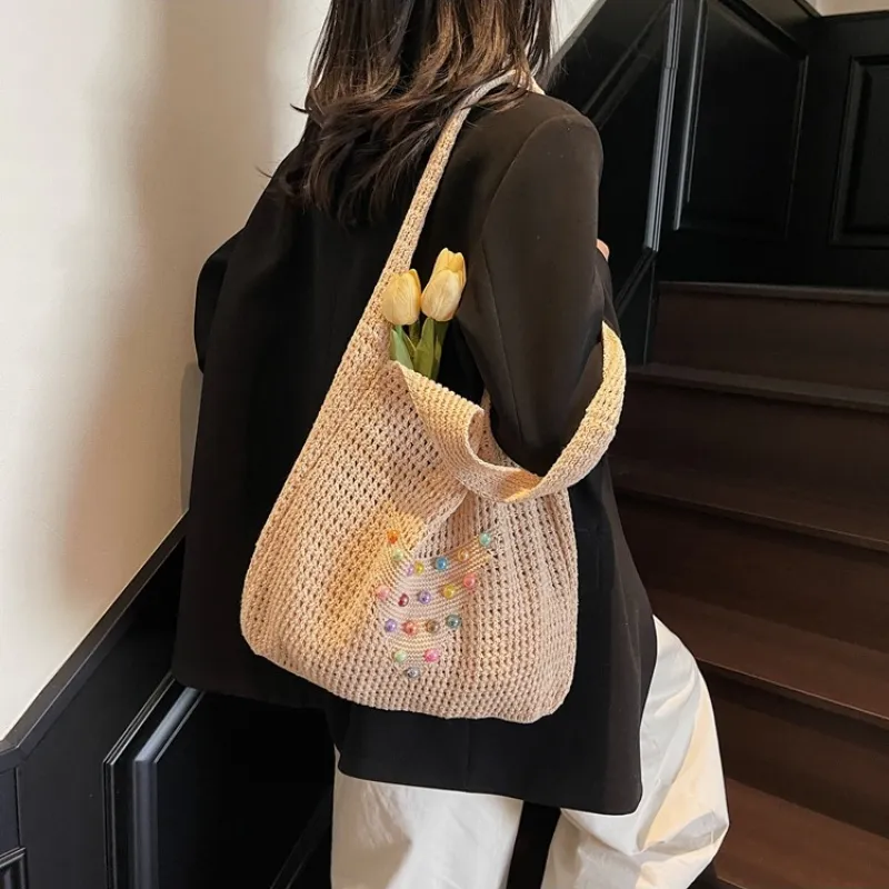 Duoluplo Doron Paul Chunky Yarn Woven Shoulder Bag Women's Khaki/Ecru-5